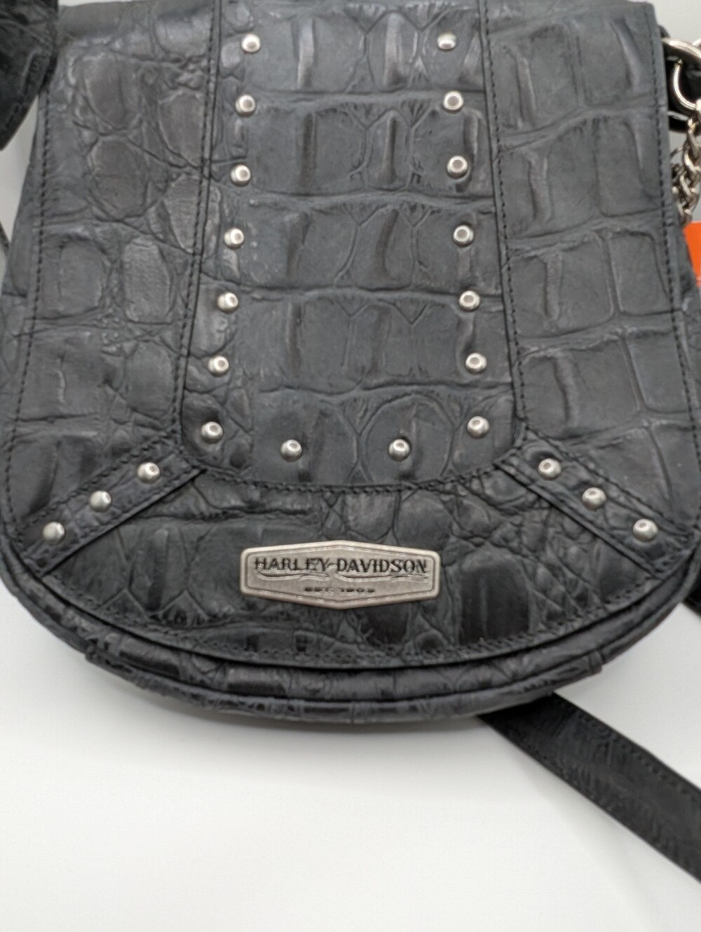 Harley Davidson NWT Black Croc Leather Crossbody Saddle Purse - Picture 2 of 9